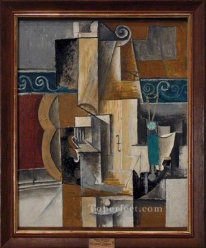 Violon et verres sur une table 1913 Cubist Oil Paintings